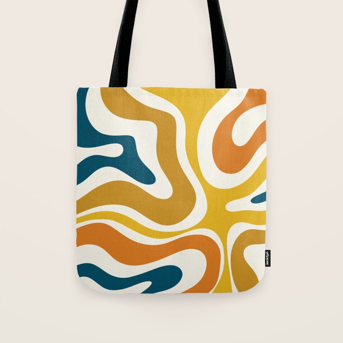 Modern Retro Liquid Swirl Abstract Pattern Orange Mustard Blue Tote Bag Gallery Image 1