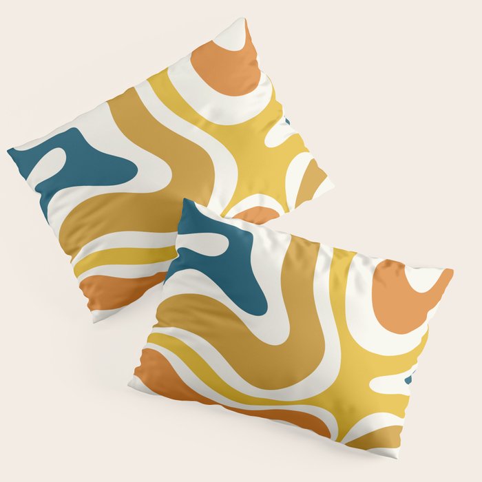 Modern Retro Liquid Swirl Abstract Pattern Orange Mustard Blue Pillow Sham Gallery Image 3
