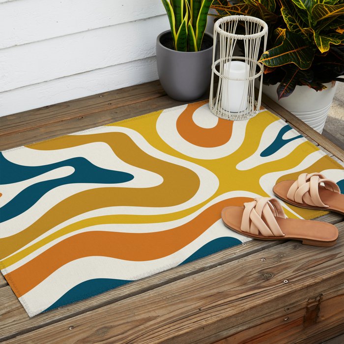 Modern Retro Liquid Swirl Abstract Pattern Orange Mustard Blue Outdoor Rug Gallery Image 2