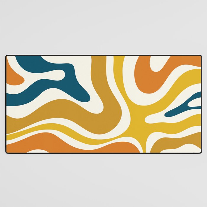 Modern Retro Liquid Swirl Abstract Pattern Orange Mustard Blue Desk Mat Gallery Image 3