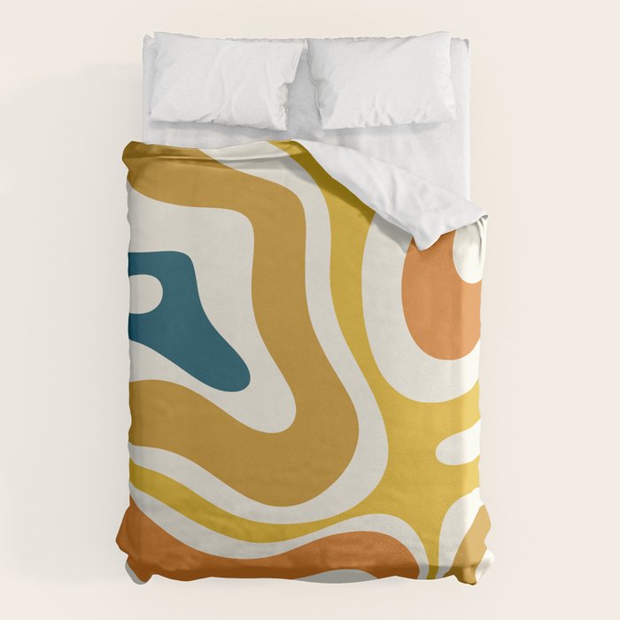 Modern Retro Liquid Swirl Abstract Pattern Orange Mustard Blue Duvet Cover Gallery Image 1