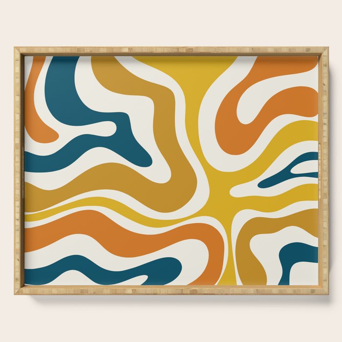 Modern Retro Liquid Swirl Abstract Pattern Orange Mustard Blue Serving Tray Gallery Image 1