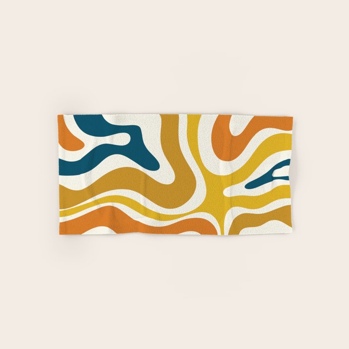 Modern Retro Liquid Swirl Abstract Pattern Orange Mustard Blue Bath Towel Gallery Image 1