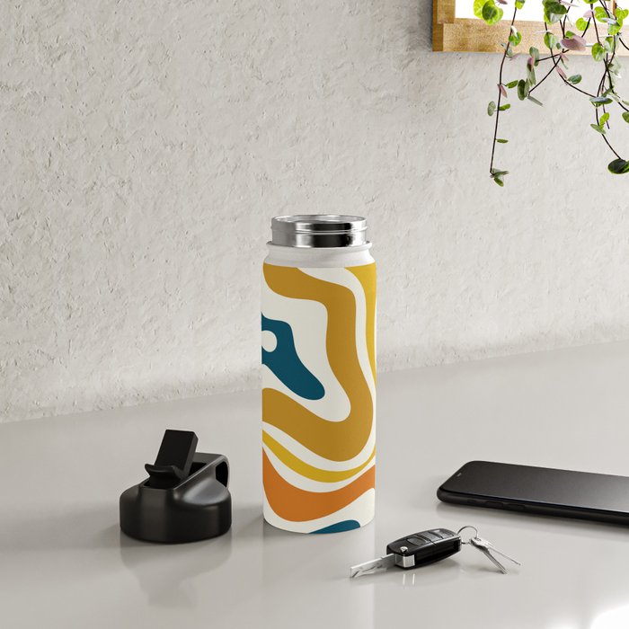 Modern Retro Liquid Swirl Abstract Pattern Orange Mustard Blue Water Bottle Gallery Image 4
