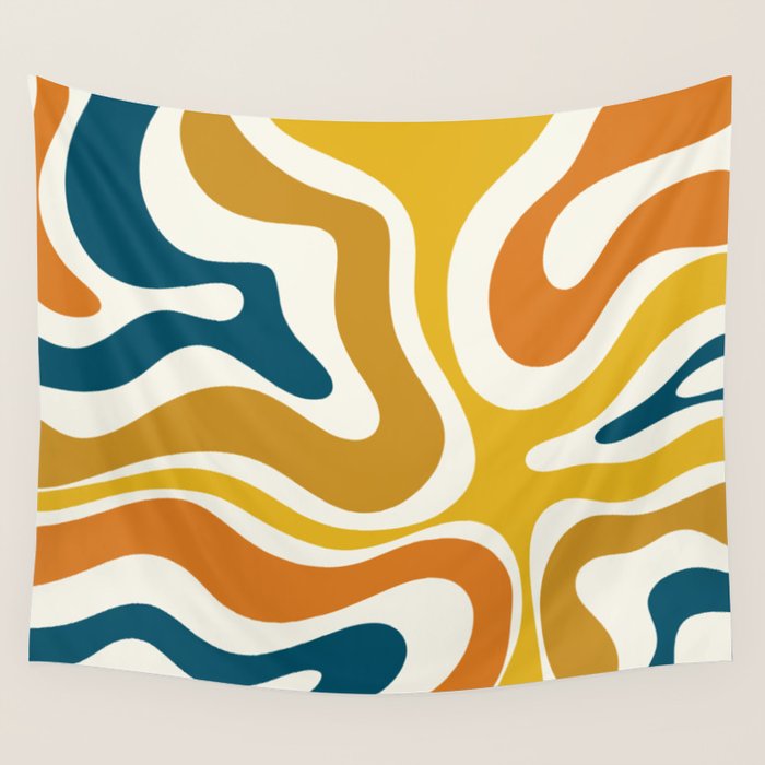 Modern Retro Liquid Swirl Abstract Pattern Orange Mustard Blue Wall Tapestry Gallery Image 4