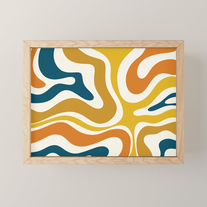 Modern Retro Liquid Swirl Abstract Pattern Orange Mustard Blue Mini Art Print Gallery Image 1