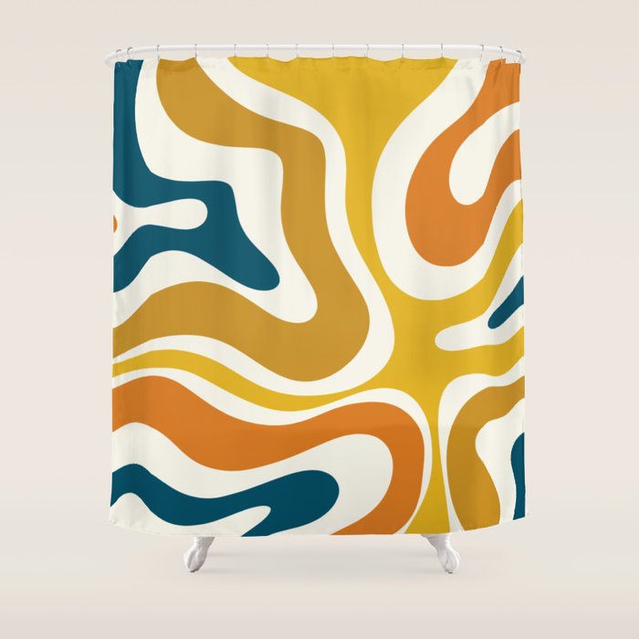 Modern Retro Liquid Swirl Abstract Pattern Orange Mustard Blue Shower Curtain Gallery Image 1