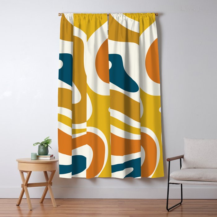 Modern Retro Liquid Swirl Abstract Pattern Orange Mustard Blue Window Curtain Gallery Image 5