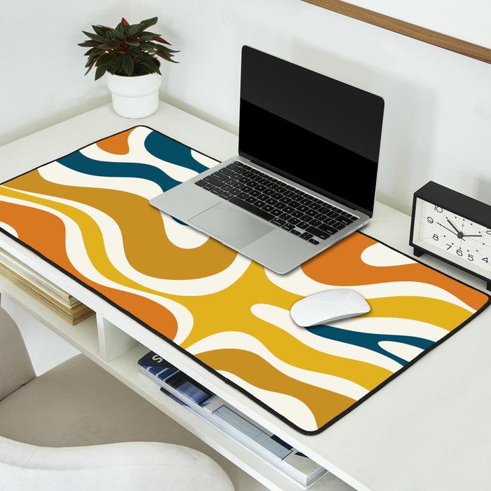 Modern Retro Liquid Swirl Abstract Pattern Orange Mustard Blue Desk Mat Gallery Image 2