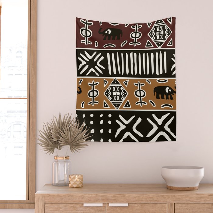 African mud cloth with elephants Wall Tapestry Gallery Image 2
