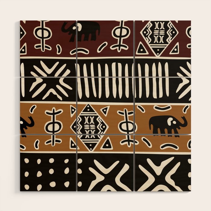 African mud cloth with elephants Wood Wall Art Gallery Image 1