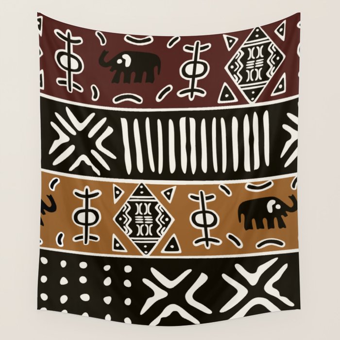 African mud cloth with elephants Wall Tapestry Gallery Image 1