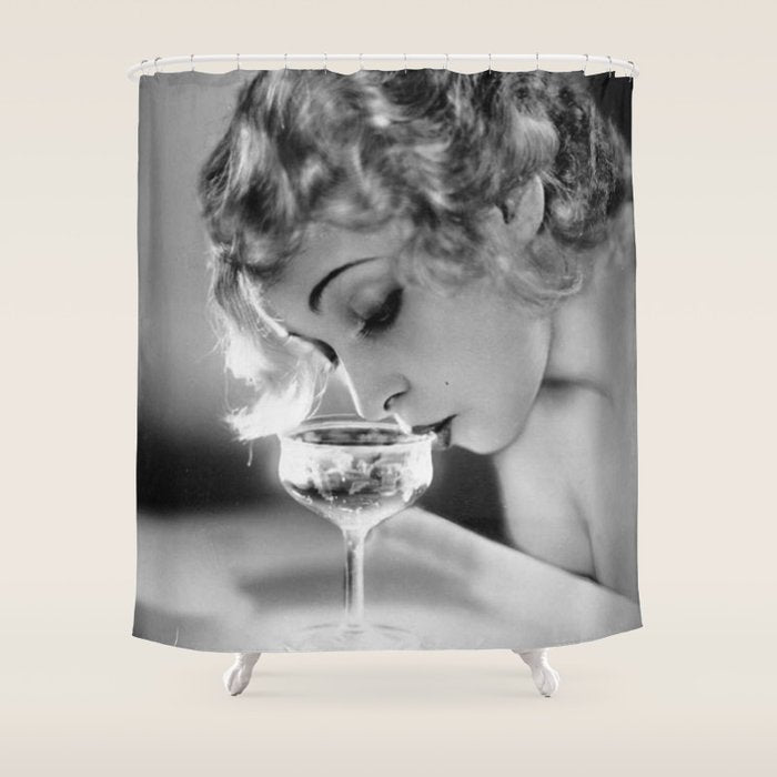 Jazz Age Blond Sipping Champagne black and white photograph / photography Shower Curtain Gallery Image 1