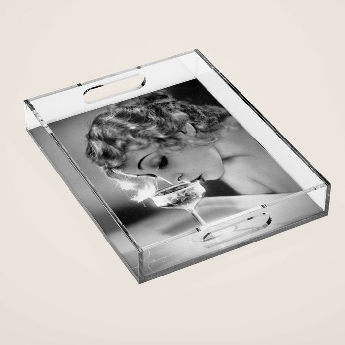 Jazz Age Blond Sipping Champagne black and white photograph / photography Acrylic Tray Gallery Image 1