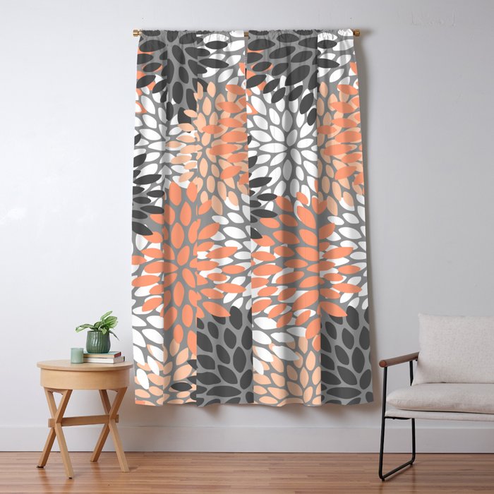 Floral Pattern, Coral, Gray, White Window Curtain Gallery Image 1