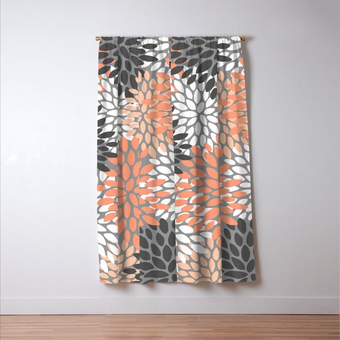 Floral Pattern, Coral, Gray, White Window Curtain Gallery Image 3