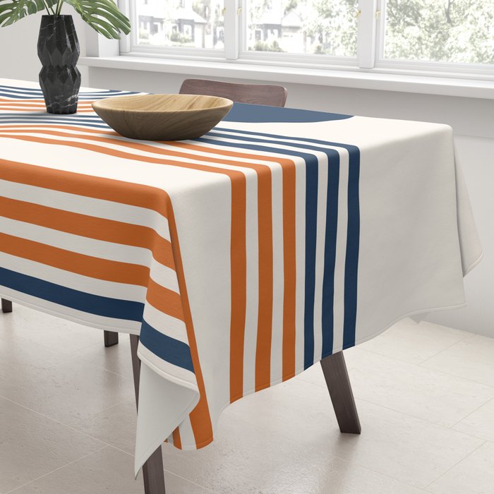 Mid Century Modern Geometric 450 in Navy Blue and Orange (Rainbow and Sun Abstraction) Tablecloth Gallery Image 3