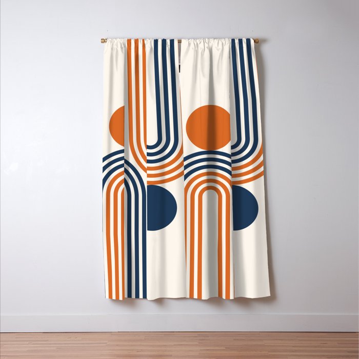 Mid Century Modern Geometric 450 in Navy Blue and Orange (Rainbow and Sun Abstraction) Window Curtain Gallery Image 3