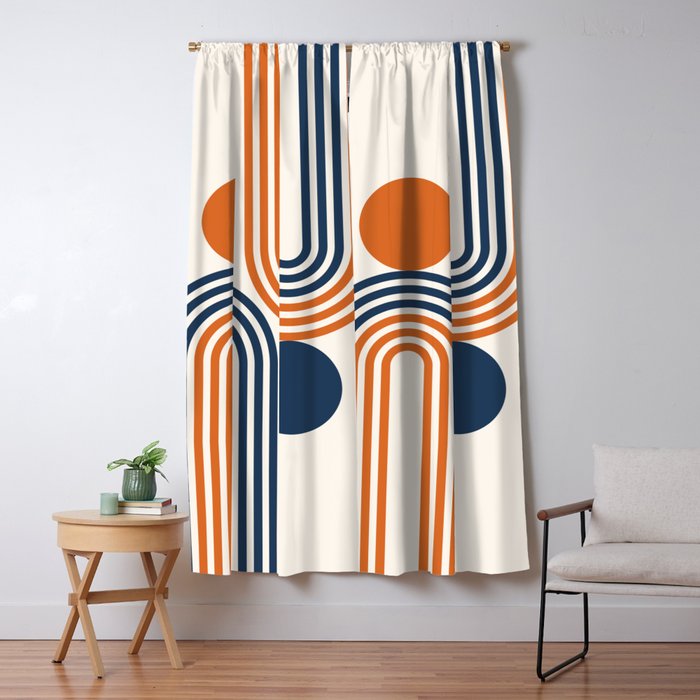 Mid Century Modern Geometric 450 in Navy Blue and Orange (Rainbow and Sun Abstraction) Window Curtain Gallery Image 5