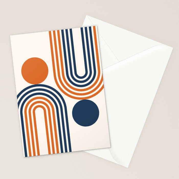 Mid Century Modern Geometric 450 in Navy Blue and Orange (Rainbow and Sun Abstraction) Stationery Card Gallery Image 2