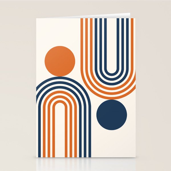 Mid Century Modern Geometric 450 in Navy Blue and Orange (Rainbow and Sun Abstraction) Stationery Card Gallery Image 2