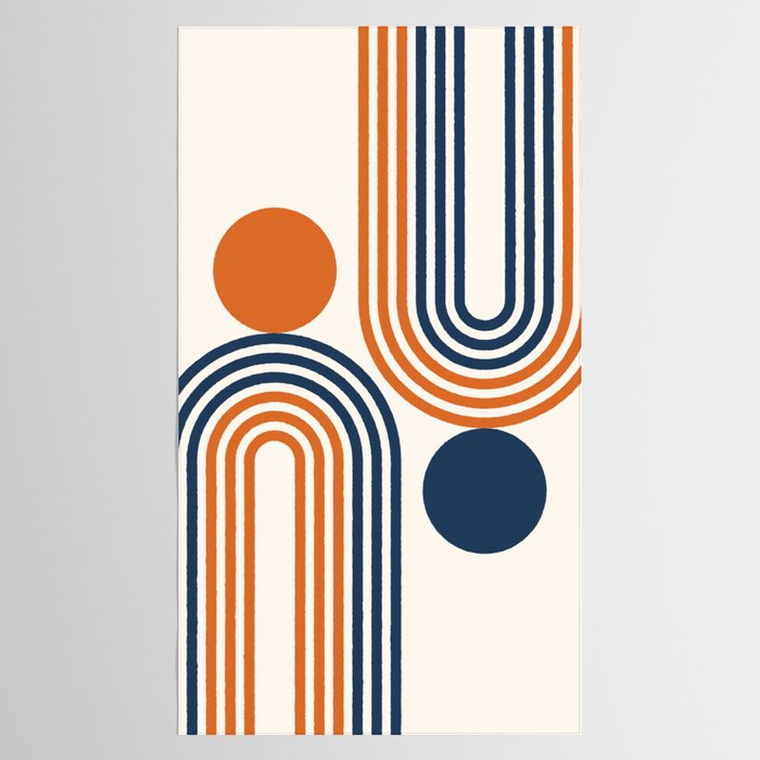 Mid Century Modern Geometric 450 in Navy Blue and Orange (Rainbow and Sun Abstraction) Tablecloth Gallery Image 2