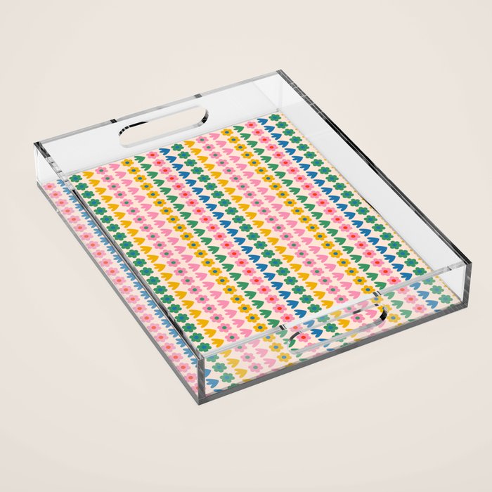 Spring Flower Stripes Cute and Cheerful Floral Pattern Pink Blue Green Mustard Yellow Acrylic Tray Gallery Image 1