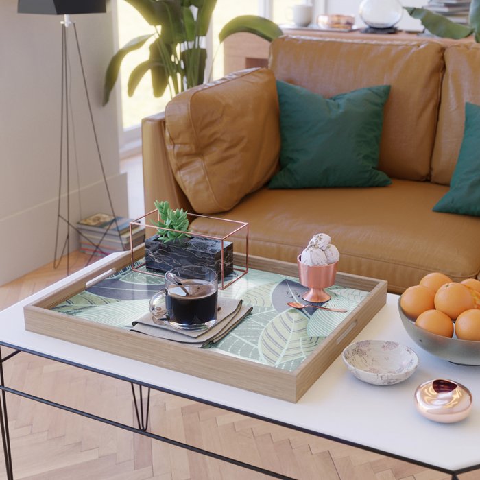 Leaf wall // navy blue pine and sage green leaves mint lines Serving Tray Gallery Image 2