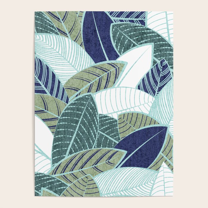 Leaf wall // navy blue pine and sage green leaves mint lines Poster Gallery Image 4