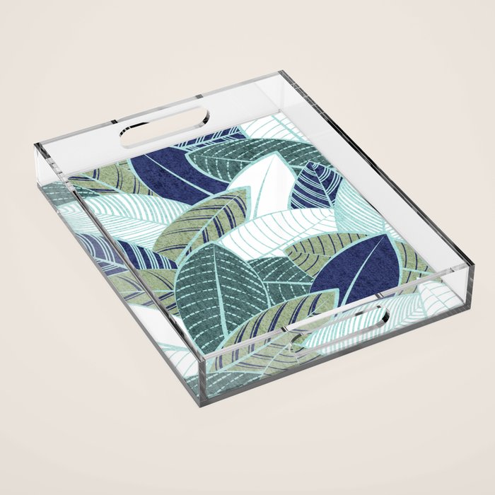 Leaf wall // navy blue pine and sage green leaves mint lines Acrylic Tray Gallery Image 1