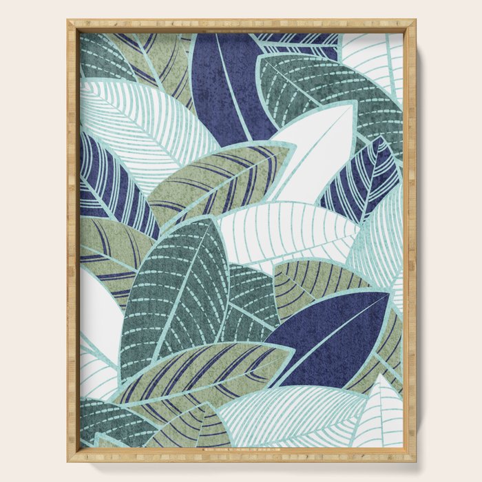 Leaf wall // navy blue pine and sage green leaves mint lines Serving Tray Gallery Image 1