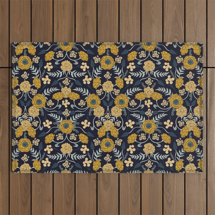 Navy Blue, Turquoise, Cream & Mustard Yellow Dark Floral Pattern Outdoor Rug Gallery Image 1