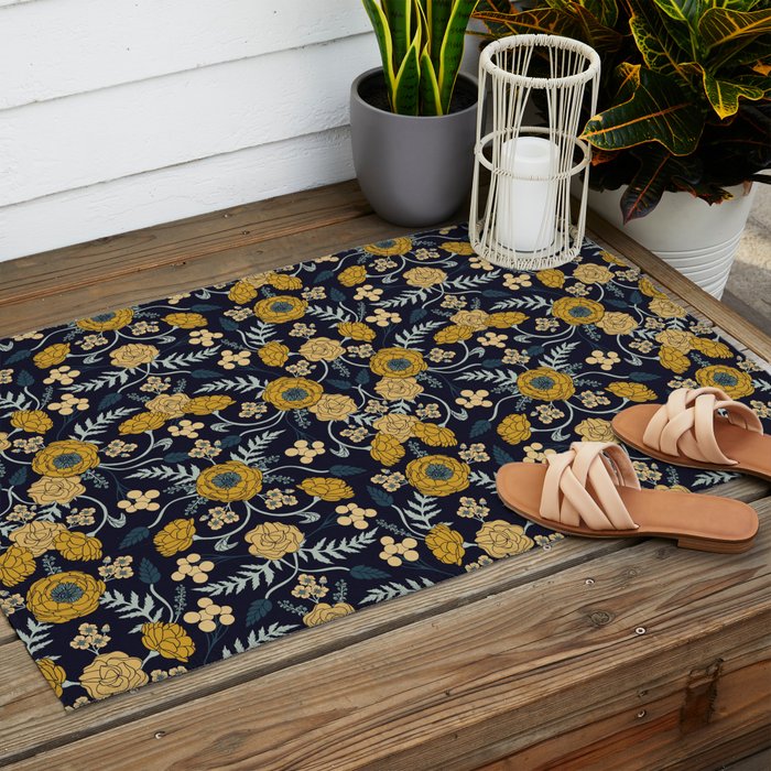 Navy Blue, Turquoise, Cream & Mustard Yellow Dark Floral Pattern Outdoor Rug Gallery Image 2