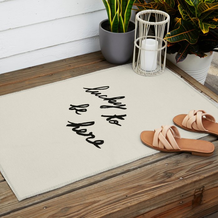 Lucky To Be Here - Brush Script Typography Quote  Outdoor Rug Gallery Image 2