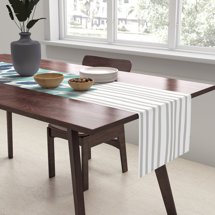 Blooms and Stripes, Aqua and Navy Table Runner Gallery Image 2