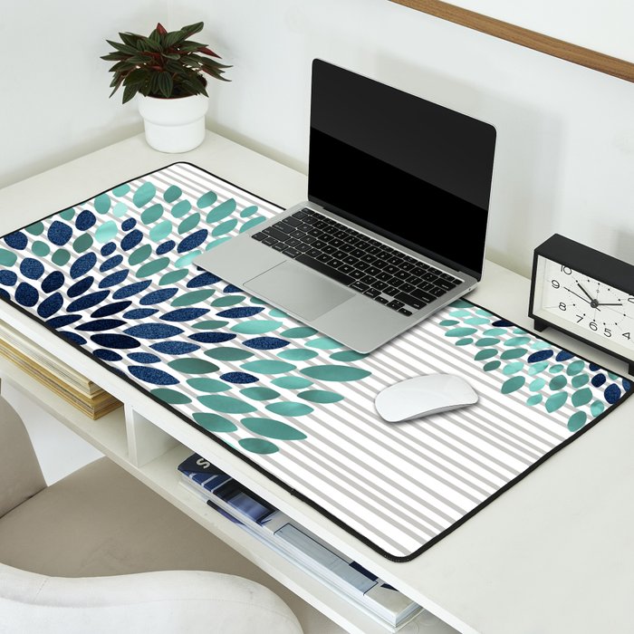 Blooms and Stripes, Aqua and Navy Desk Mat Gallery Image 2