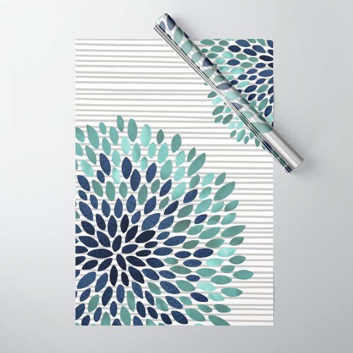 Blooms and Stripes, Aqua and Navy Wrapping Paper Gallery Image 1