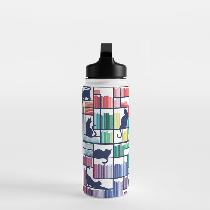 Rainbow bookshelf // white background navy blue shelf and library cats Water Bottle Gallery Image 3