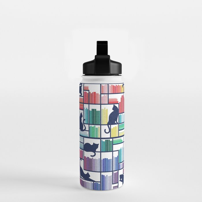 Rainbow bookshelf // white background navy blue shelf and library cats Water Bottle Gallery Image 2