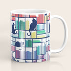 Rainbow bookshelf // white background navy blue shelf and library cats Coffee Mug Gallery Image 1