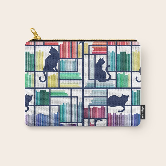 Rainbow bookshelf // white background navy blue shelf and library cats Carry All Pouch Gallery Image 1
