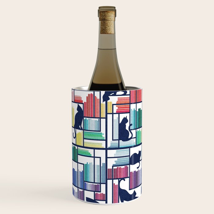 Rainbow bookshelf // white background navy blue shelf and library cats Wine Chiller Gallery Image 1