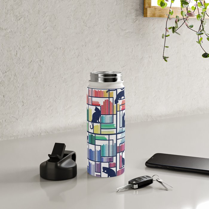 Rainbow bookshelf // white background navy blue shelf and library cats Water Bottle Gallery Image 4