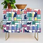 Rainbow bookshelf // white background navy blue shelf and library cats Credenza Gallery Image 1