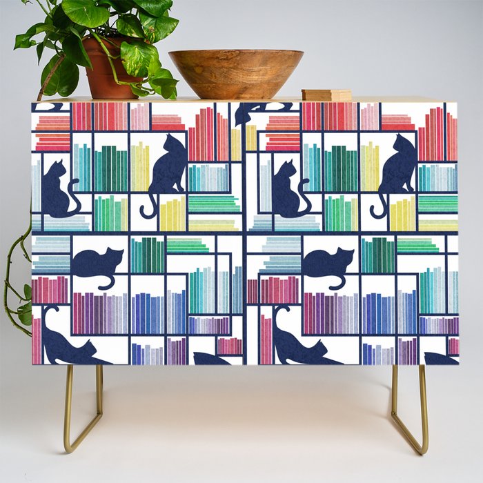 Rainbow bookshelf // white background navy blue shelf and library cats Credenza Gallery Image 1