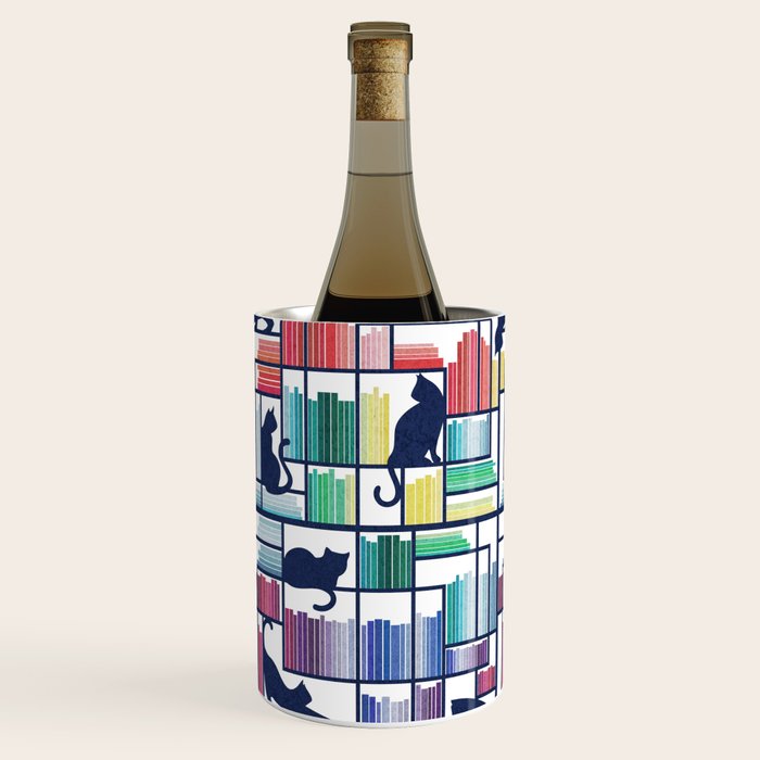 Rainbow bookshelf // white background navy blue shelf and library cats Wine Chiller Gallery Image 3