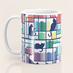 Rainbow bookshelf // white background navy blue shelf and library cats Coffee Mug Gallery Image 3