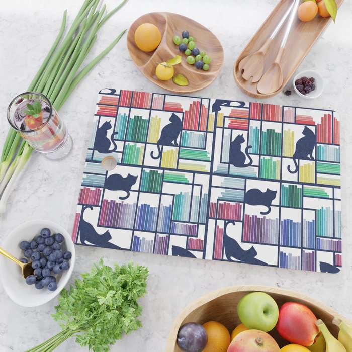 Rainbow bookshelf // white background navy blue shelf and library cats Cutting Board Gallery Image 2