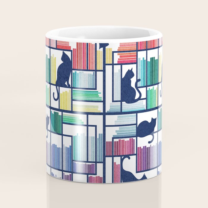 Rainbow bookshelf // white background navy blue shelf and library cats Coffee Mug Gallery Image 4
