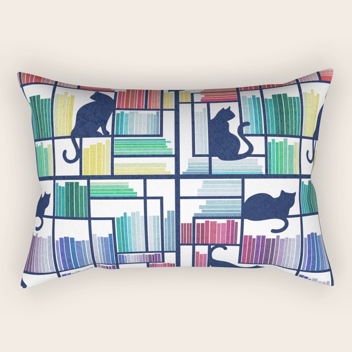 Rainbow bookshelf // white background navy blue shelf and library cats Rectangular Pillow Gallery Image 1